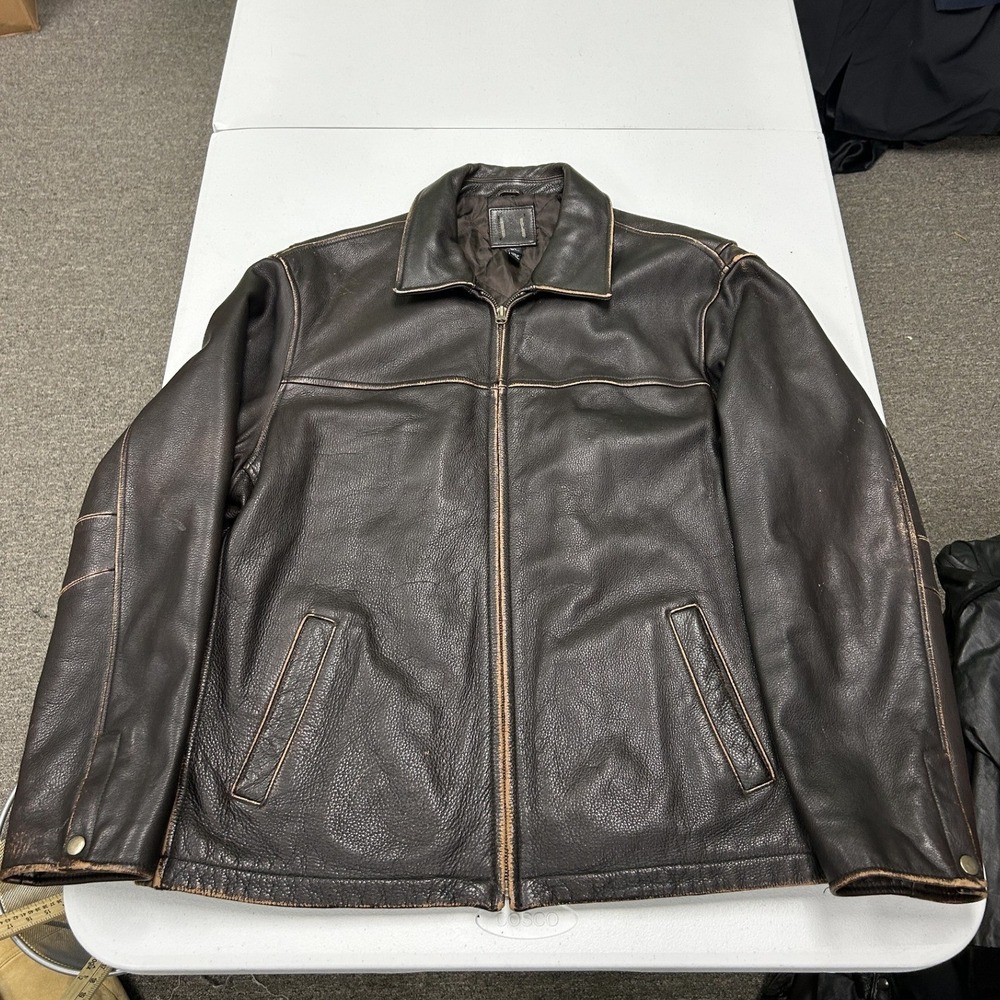 thick Leather Jacket Mens XL Dark Brown Distressed Quilted Lined Full Zip E2